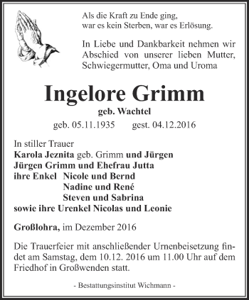 Traueranzeige von Ingelore Grimm von Thüringer Allgemeine