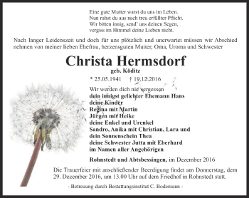 Traueranzeige von Christa Hermsdorf von Thüringer Allgemeine