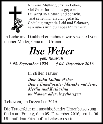 Traueranzeige von Ilse Weber von Ostthüringer Zeitung