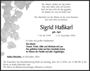 Traueranzeige von Sigrid Haßkarl von Ostthüringer Zeitung, Thüringische Landeszeitung