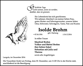 Traueranzeige von Isolde Brohm von Thüringer Allgemeine, Thüringische Landeszeitung