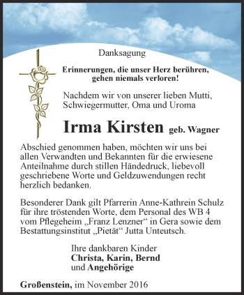 Traueranzeige von Irma Kirsten von Ostthüringer Zeitung