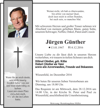 Traueranzeige von Jürgen Günther von Thüringer Allgemeine