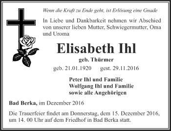 Traueranzeige von Elisabeth Ihl von Thüringer Allgemeine, Thüringische Landeszeitung