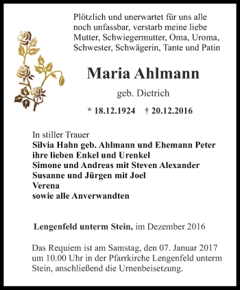 Traueranzeige von Maria Ahlmann von Thüringer Allgemeine