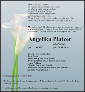 Traueranzeige von Angelika Platzer von Ostthüringer Zeitung