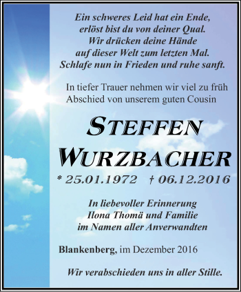 Traueranzeige von Steffen Wurzbacher von Ostthüringer Zeitung