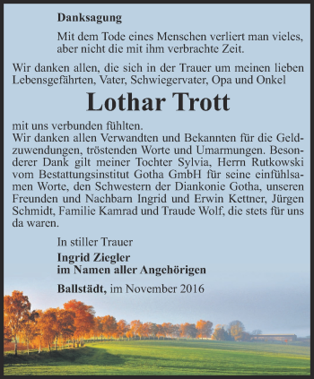 Traueranzeige von Lothar Trott von Ostthüringer Zeitung, Thüringische Landeszeitung