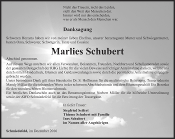 Traueranzeige von Marlies Schubert von Ostthüringer Zeitung