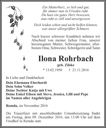 Traueranzeige von Ilona Rohrbach von Ostthüringer Zeitung