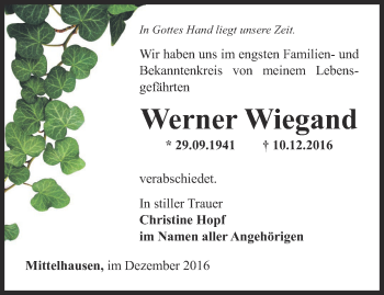 Traueranzeige von Werner Wiegand  von Thüringer Allgemeine, Thüringische Landeszeitung