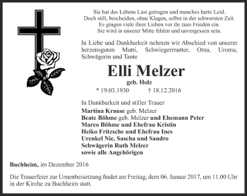 Traueranzeige von Elli Melzer von Ostthüringer Zeitung