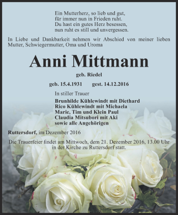 Traueranzeige von Anni Mittmann von Ostthüringer Zeitung