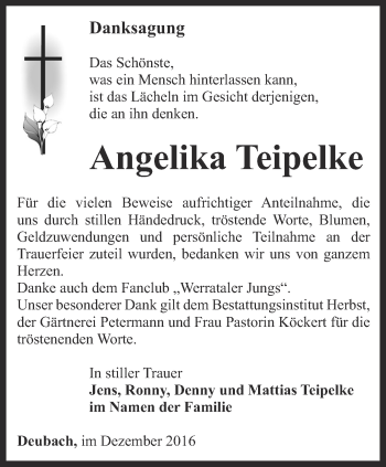 Traueranzeige von Angelika Teipelke von Thüringer Allgemeine, Thüringische Landeszeitung