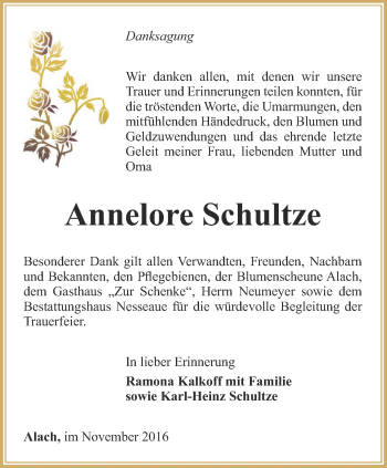 Traueranzeige von Annelore Schultze von Thüringer Allgemeine, Thüringische Landeszeitung