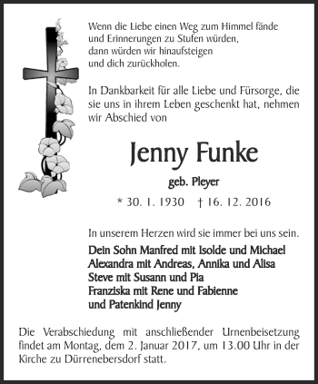 Traueranzeige von Jenny Funke von Ostthüringer Zeitung