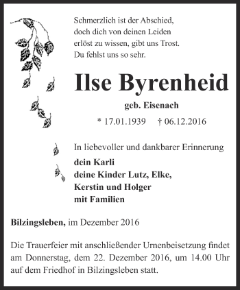 Traueranzeige von Ilse Byrenheid von Thüringer Allgemeine