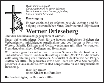 Traueranzeige von Werner Drieseberg von Thüringer Allgemeine, Thüringische Landeszeitung