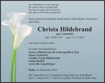 Traueranzeige von Christa Hildebrand von Ostthüringer Zeitung