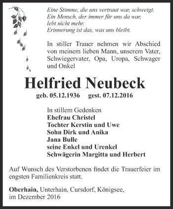 Traueranzeige von Helfried Neubeck von Ostthüringer Zeitung