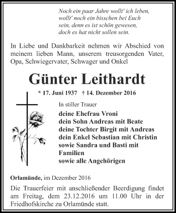 Traueranzeige von Günter Leithardt von Ostthüringer Zeitung, Thüringische Landeszeitung