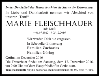 Traueranzeige von Marie Fleischhauer von Thüringer Allgemeine, Thüringische Landeszeitung