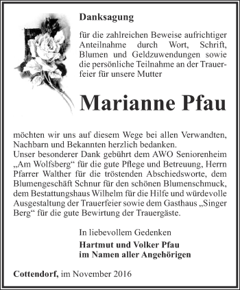 Traueranzeige von Marianne Pfau von Thüringer Allgemeine
