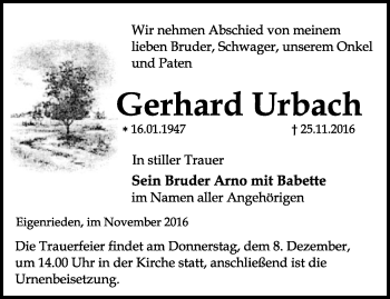 Traueranzeige von Gerhard Urbach von Thüringer Allgemeine, Thüringische Landeszeitung