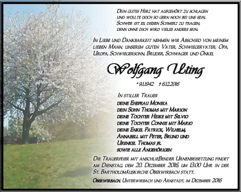 Traueranzeige von Wolfgang Uting von Ostthüringer Zeitung
