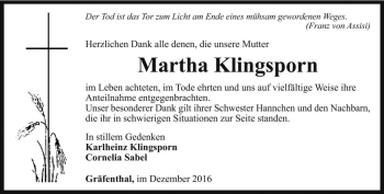 Traueranzeige von Martha Klingsporn von Ostthüringer Zeitung