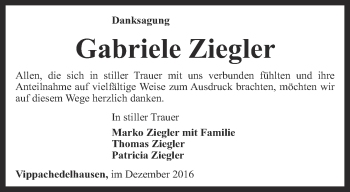 Traueranzeige von Gabriele Ziegler von Thüringer Allgemeine, Thüringische Landeszeitung