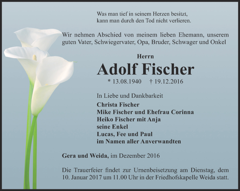  Traueranzeige für Adolf Fischer vom 21.12.2016 aus Ostthüringer Zeitung