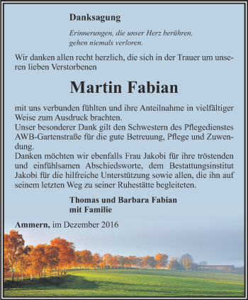 Traueranzeige von Martin Fabian von Thüringer Allgemeine, Thüringische Landeszeitung