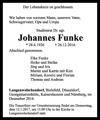 Traueranzeige von Johannes Funke von Ostthüringer Zeitung