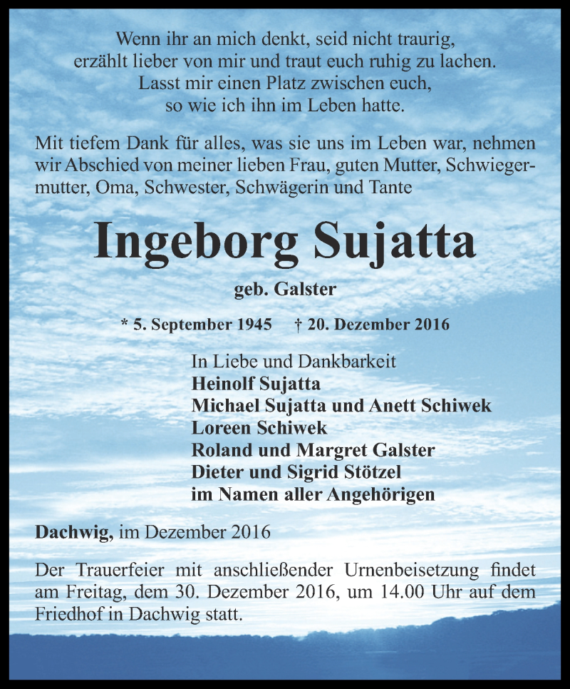  Traueranzeige für Ingeborg Sujatta vom 24.12.2016 aus Thüringer Allgemeine, Thüringische Landeszeitung