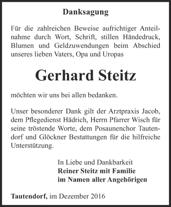 Traueranzeige von Gerhard Steitz von Ostthüringer Zeitung