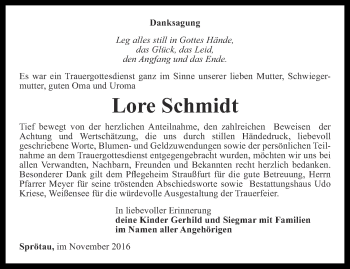 Traueranzeige von Lore Schmidt von Thüringer Allgemeine