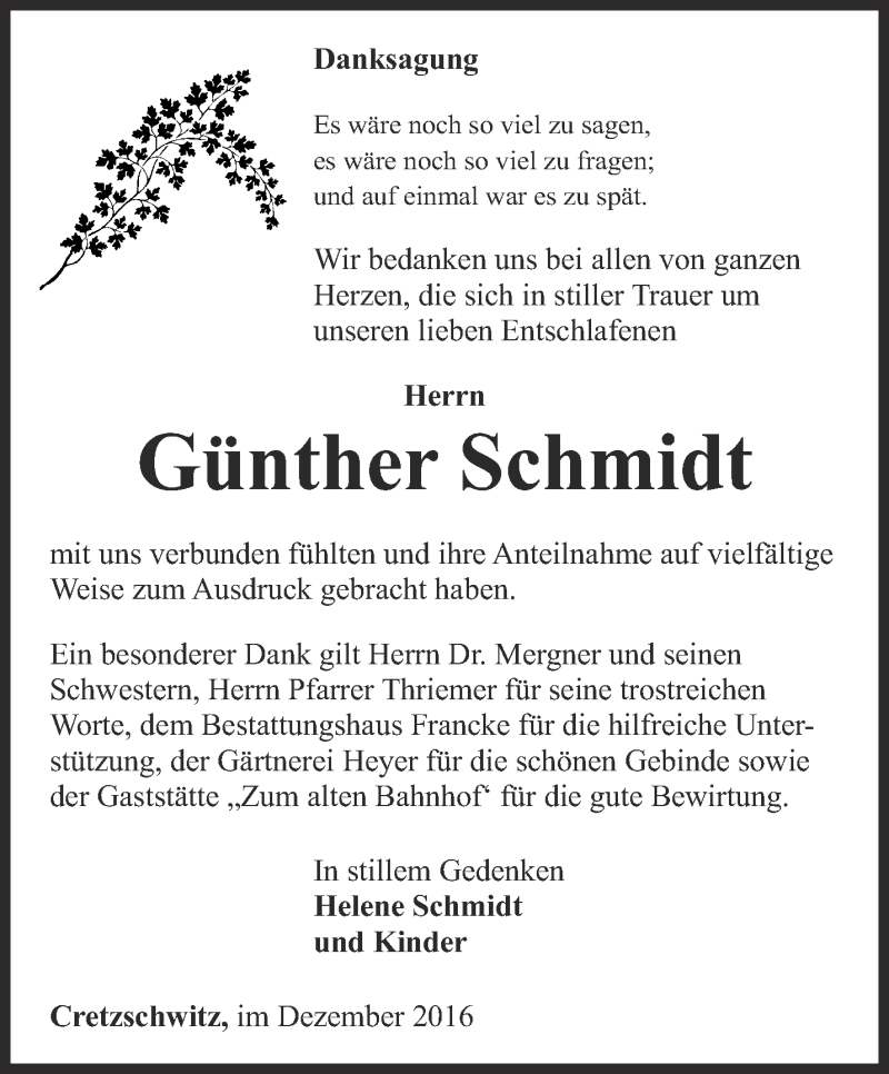  Traueranzeige für Günther Schmidt vom 03.12.2016 aus Ostthüringer Zeitung