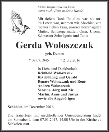 Traueranzeige von Gerda Woloszczuk von Ostthüringer Zeitung