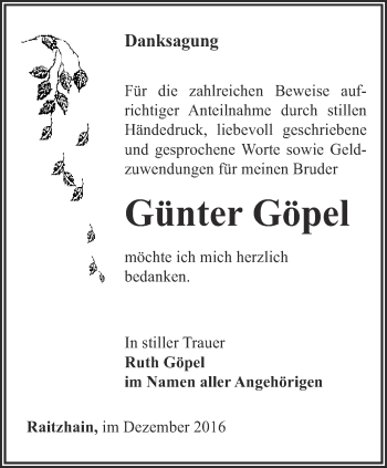 Traueranzeige von Günter Göpel von Ostthüringer Zeitung