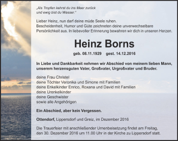 Traueranzeige von Heinz Borns von Ostthüringer Zeitung