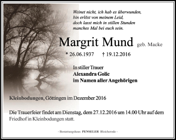 Traueranzeige von Margrit Mund von Thüringer Allgemeine
