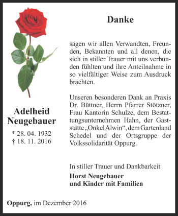 Traueranzeige von Adelheid Neugebauer von Ostthüringer Zeitung