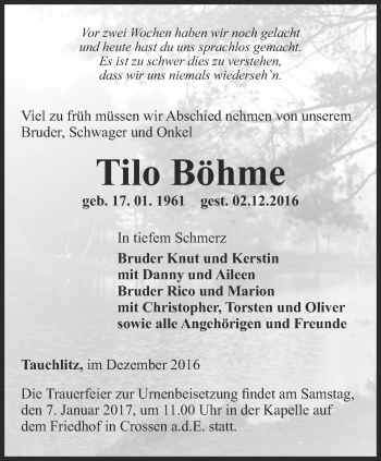 Traueranzeige von Tilo Böhme von Ostthüringer Zeitung