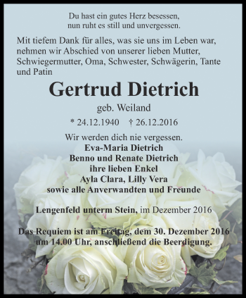 Traueranzeige von Gertrud Dietrich von Thüringer Allgemeine, Thüringische Landeszeitung