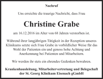 Traueranzeige von Christine Grabe von Thüringer Allgemeine, Thüringische Landeszeitung