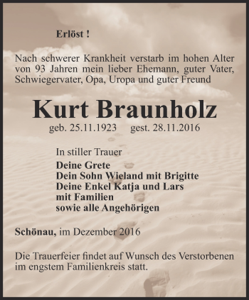 Traueranzeige von Kurt Braunholz von Thüringer Allgemeine, Thüringische Landeszeitung