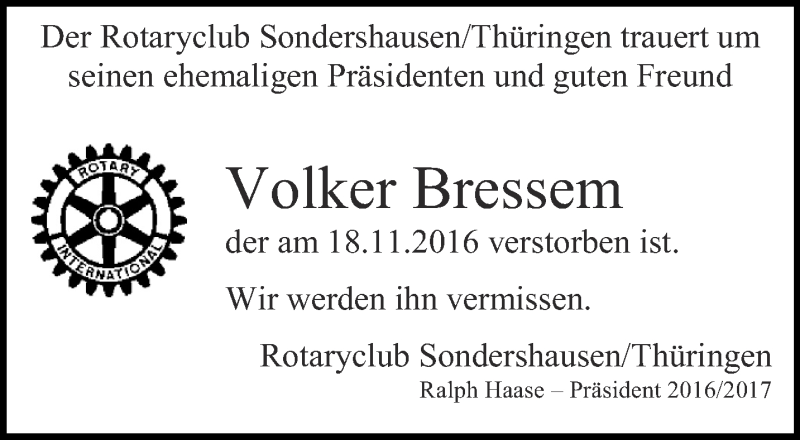  Traueranzeige für Volker Bressem vom 02.12.2016 aus Thüringer Allgemeine