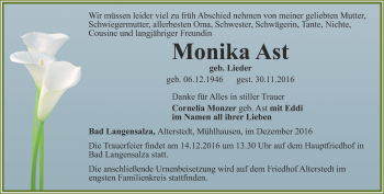 Traueranzeige von Monika Ast von Thüringer Allgemeine, Thüringische Landeszeitung