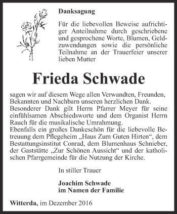 Traueranzeige von Frieda Schwade von Thüringer Allgemeine, Thüringische Landeszeitung